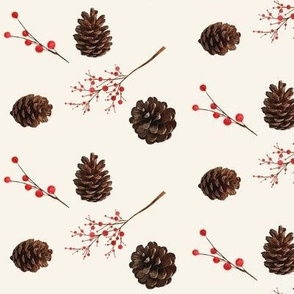 Pine cones and red winter berries