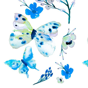 Vibrant Blue Butterflies and Flowers