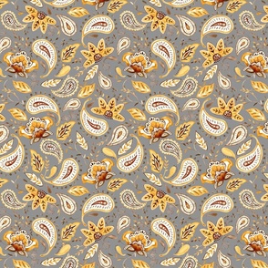 Lovely Paisley Florals Mustard - Light Gray Regular Scale