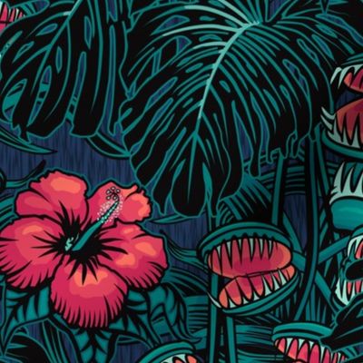 ★ TROPICAL NIGHT ★ Carnivorous Plant, Hibiscus & Monstera / Pink + Teal, Large Scale / Collection : It’s a Jungle Out There – Savage Hawaiian Prints