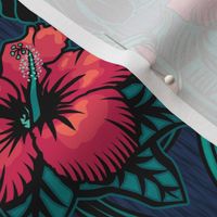 ★ TROPICAL NIGHT ★ Carnivorous Plant, Hibiscus & Monstera / Pink + Teal, Large Scale / Collection : It’s a Jungle Out There – Savage Hawaiian Prints