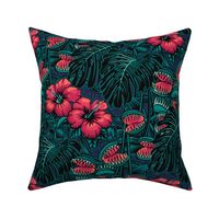 ★ TROPICAL NIGHT ★ Carnivorous Plant, Hibiscus & Monstera / Pink + Teal, Large Scale / Collection : It’s a Jungle Out There – Savage Hawaiian Prints
