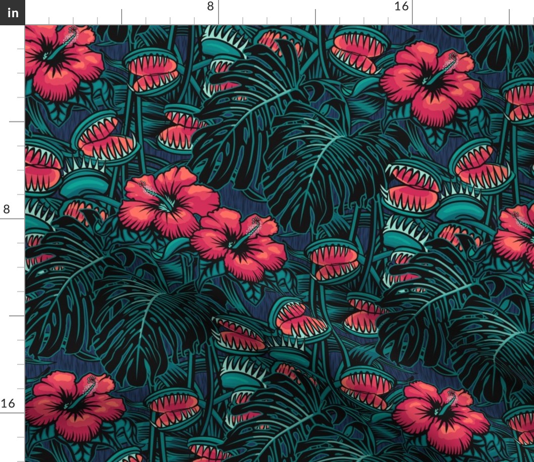 ★ TROPICAL NIGHT ★ Carnivorous Plant, Hibiscus & Monstera / Pink + Teal, Large Scale / Collection : It’s a Jungle Out There – Savage Hawaiian Prints