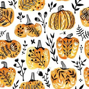 Floral autumn fall watercolor pumpkins. Halloween season. Thanksgiving pattern.