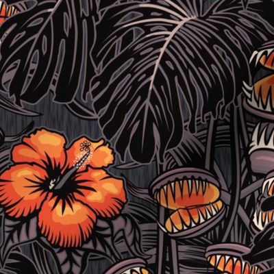 ★ TROPICAL NIGHT ★ Carnivorous Plant, Hibiscus & Monstera / Orange + Grayish Plum, Large Scale / Collection : It’s a Jungle Out There – Savage Hawaiian Prints