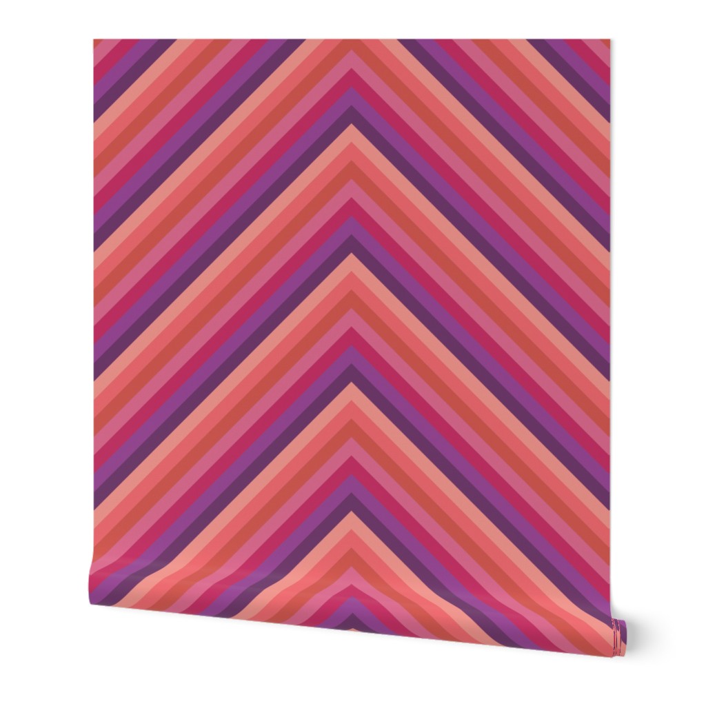 Wild Diagonal Stripe Chevron In Plum Cherry and Coral Pinks