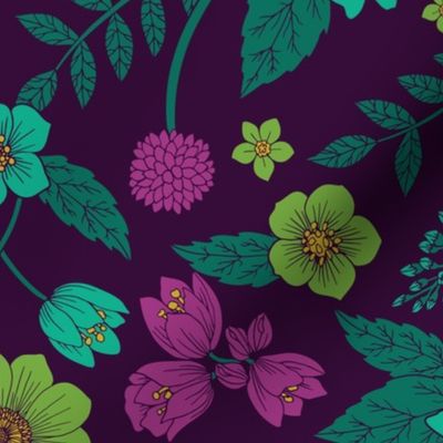 Purple, Teal, Magenta, Green & Yellow Floral Pattern