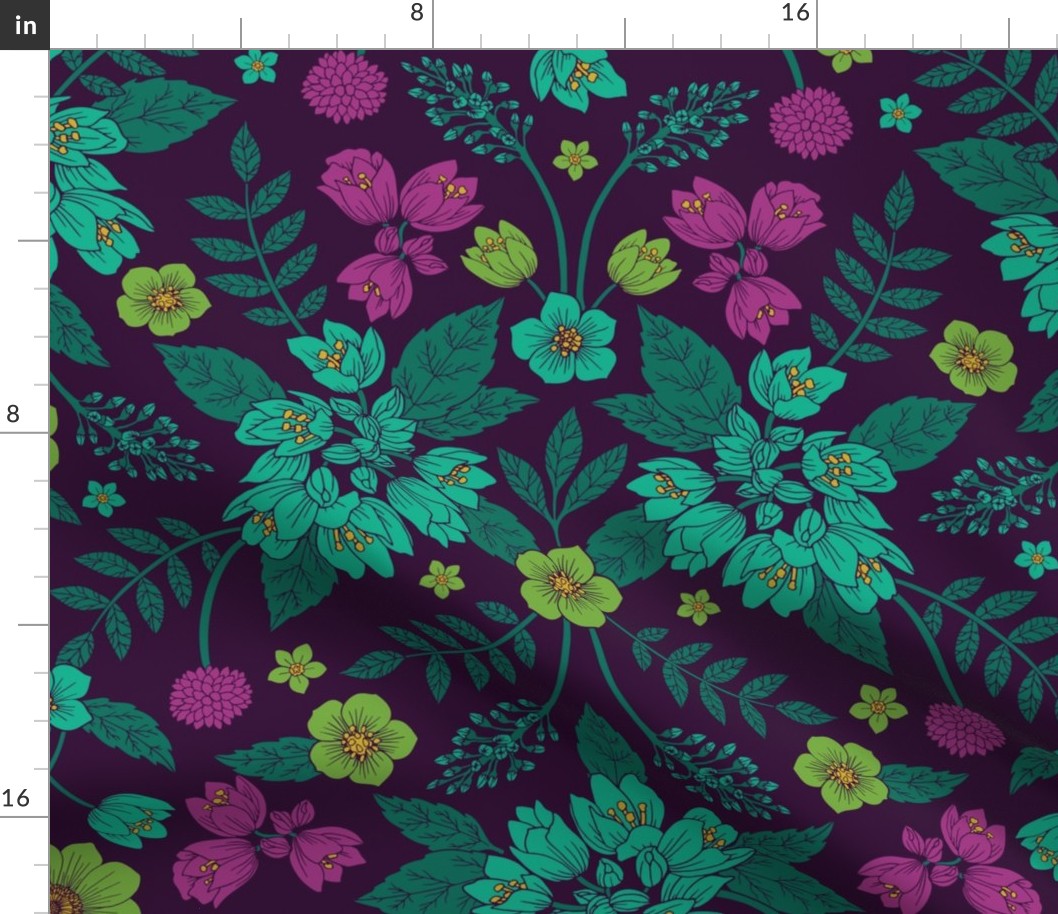 Purple, Teal, Magenta, Green & Yellow Floral Pattern