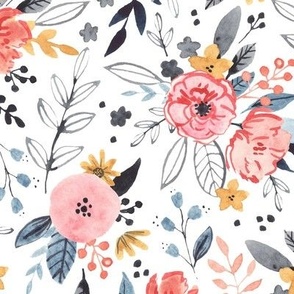 Emmaline - Vintage Floral - Coral and Blue Watercolor Flowers