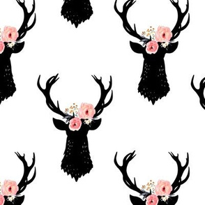 Black Deer Head Silhouette with Pink Flowers on White