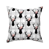 Gray and White Plaid Floral Deer Heads