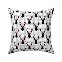 Gray and White Plaid Floral Deer Heads - Small