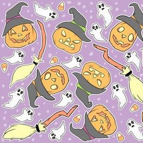 Pumpkin Witches and Brooms on Purple