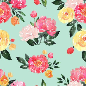 Bright Mint and Pink Watercolor Floral