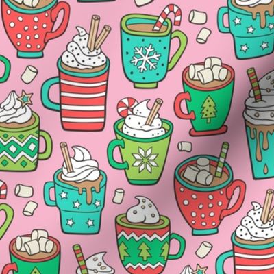 Hot Winter Christmas Drinks with Marshmallows on Pink