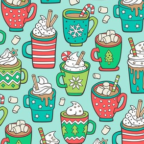 Hot Winter Christmas Drinks with Marshmallows on Mint Green