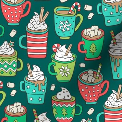 Hot Winter Christmas Drinks with Marshmallows on Dark Green