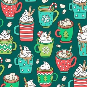 Hot Winter Christmas Drinks with Marshmallows on Dark Green