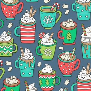 Hot Winter Christmas Drinks with Marshmallows on Navy Dark Blue