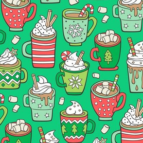 Hot Winter Christmas Drinks with Marshmallows on Green