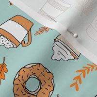 pumpkin spice latte fabric coffee and donuts fall autumn traditions lite