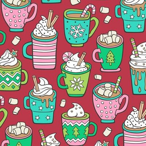 Hot Winter Christmas Drinks with Marshmallows Pink on Dark Red