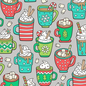 Hot Winter Christmas Drinks with Marshmallows on Light Grey