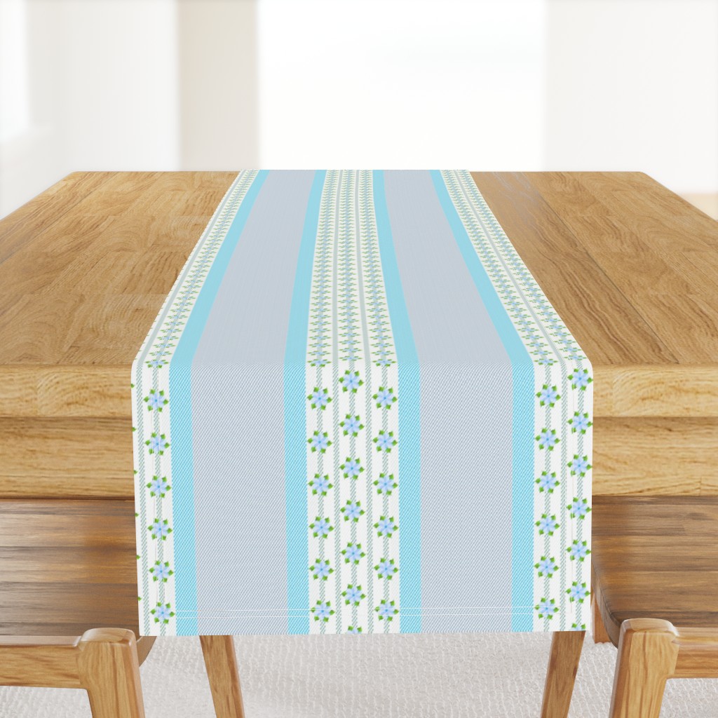 Ticking Stripe with Aqua Blue Flowers