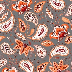 Lovely Paisley Florals Coral - Gray