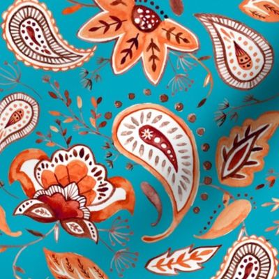 Lovely Paisley Florals Red-Turquoise