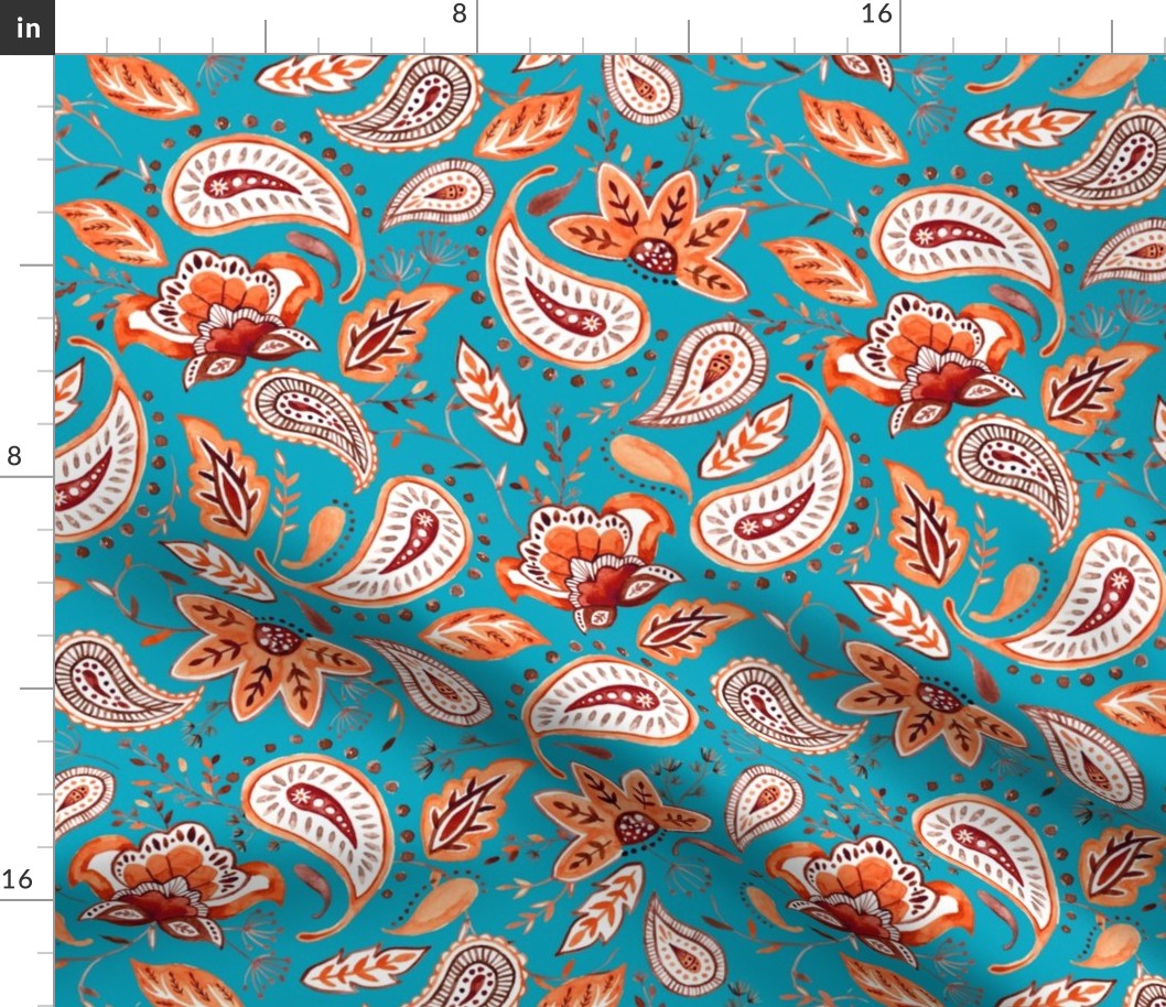 Lovely Paisley Florals Red-Turquoise