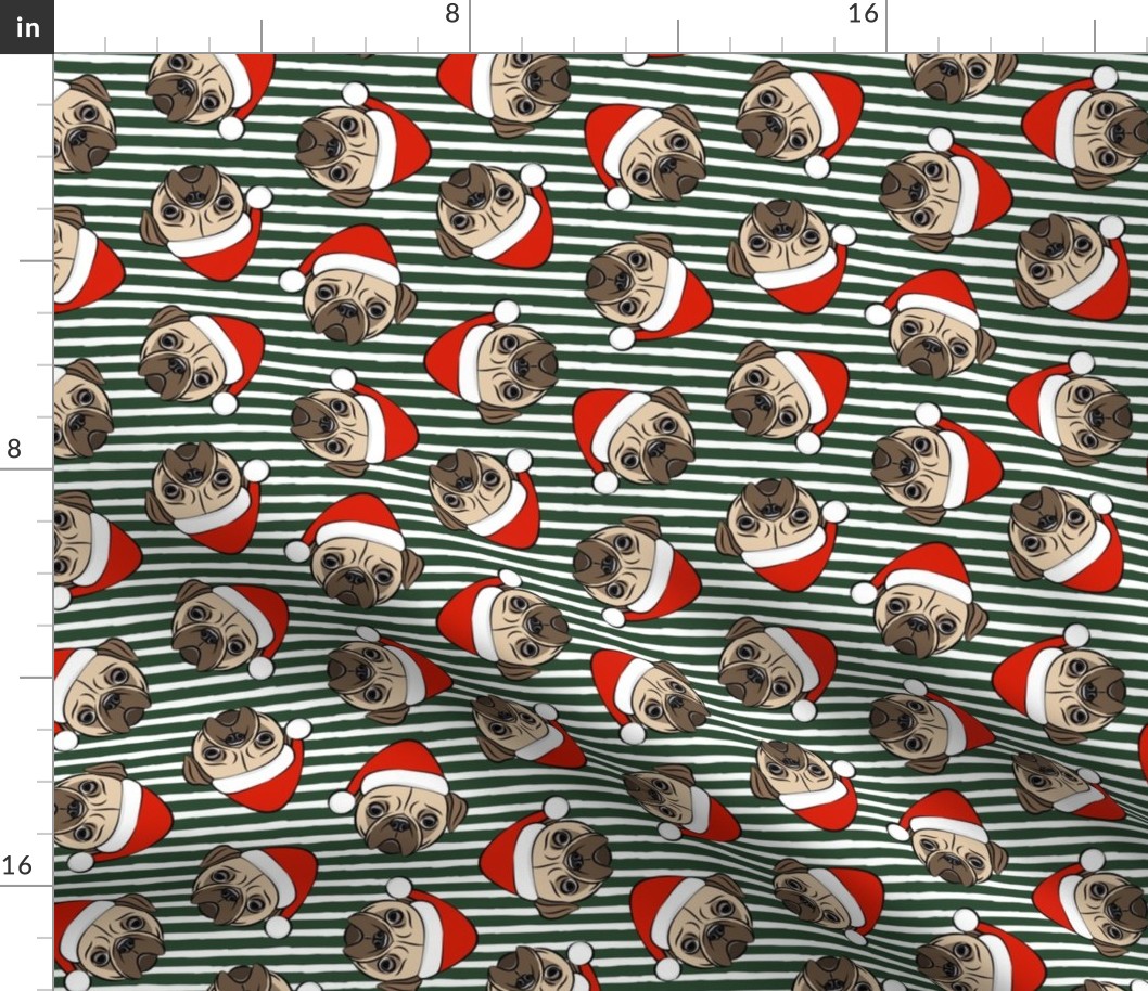 Christmas Pugs - Santa hats - Dog - dark green stripes - LAD19