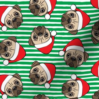 Christmas Pugs - Santa hats - Dog -  green  stripes - LAD19