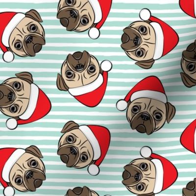 Christmas Pugs - Santa hats - Dog - mint stripes - LAD19