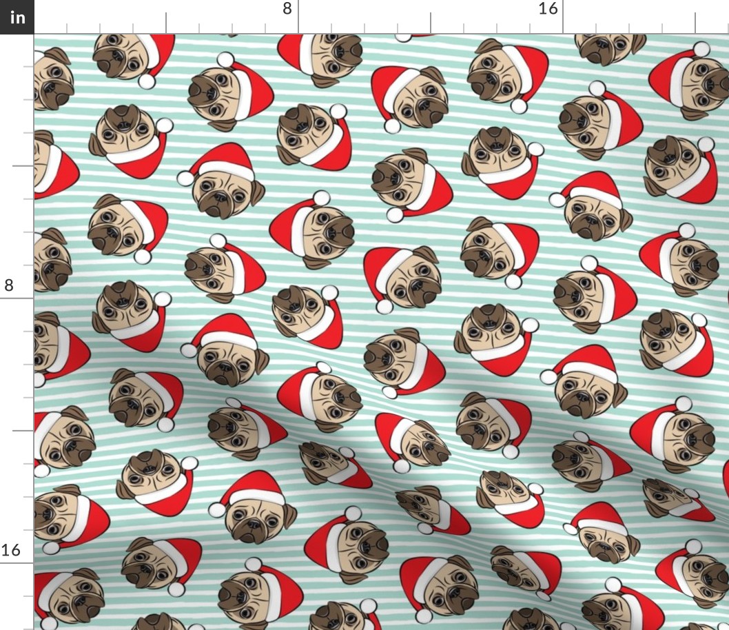 Christmas Pugs - Santa hats - Dog - mint stripes - LAD19