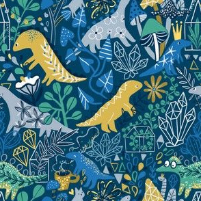 Dinosaurs and plants. Dinos garden with mushrooms, flowers, leaves, crystals. 