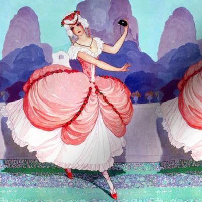 ballet ballerina dancing dancer Marie Antoinette inspired baroque rococo Victorian lady pink red masks masquerade garden trees roses ballgown beautiful female woman princess pouf 18th century Bouffant white hair fairy tales mountains vintage antique