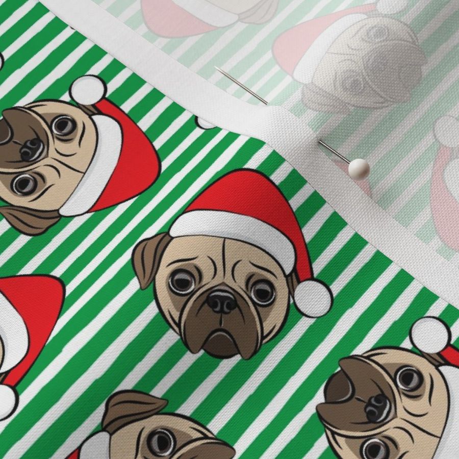 (small scale) Christmas Pugs - Santa hats - Dog -  green  stripes - LAD19BS