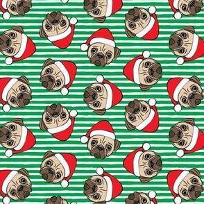 (small scale) Christmas Pugs - Santa hats - Dog -  green  stripes - LAD19BS