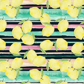 Hand Painted Lemons On Teal, Pink And Black Watercolour Stripes Small