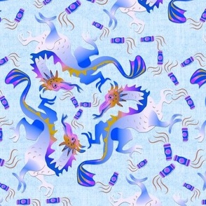 Blue Dragons and Lanterns on Linen Texture