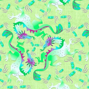 Green Dragons and Lanterns on Linen Texture