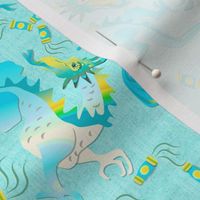 Turquoise Dragons and Lanterns on Linen Texture