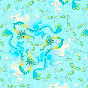 Turquoise Dragons and Lanterns on Linen Texture