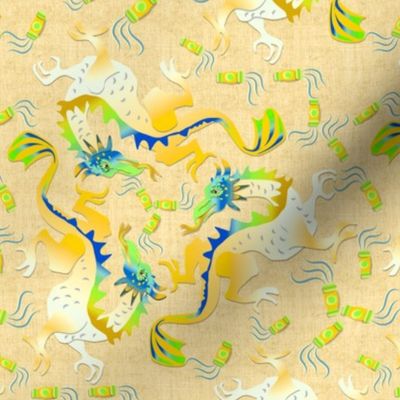 Yellow Dragons and Lanterns on Linen Texture