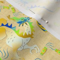 Yellow Dragons and Lanterns on Linen Texture