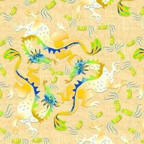Yellow Dragons and Lanterns on Linen Texture