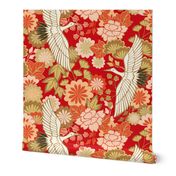 Cranes and Chrysanthemums {Red} - large