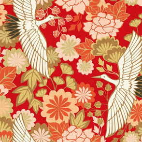 Cranes and Chrysanthemums {Red} - large