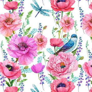 flowers, poppies, swallow, bird, pink, red, dragonfly, watercolor, butterfly, fly, summer